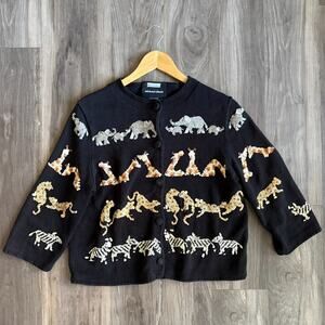 Michael Simon Cardigan Sweater Women's Size M Black Animal Sequin Safari WORN